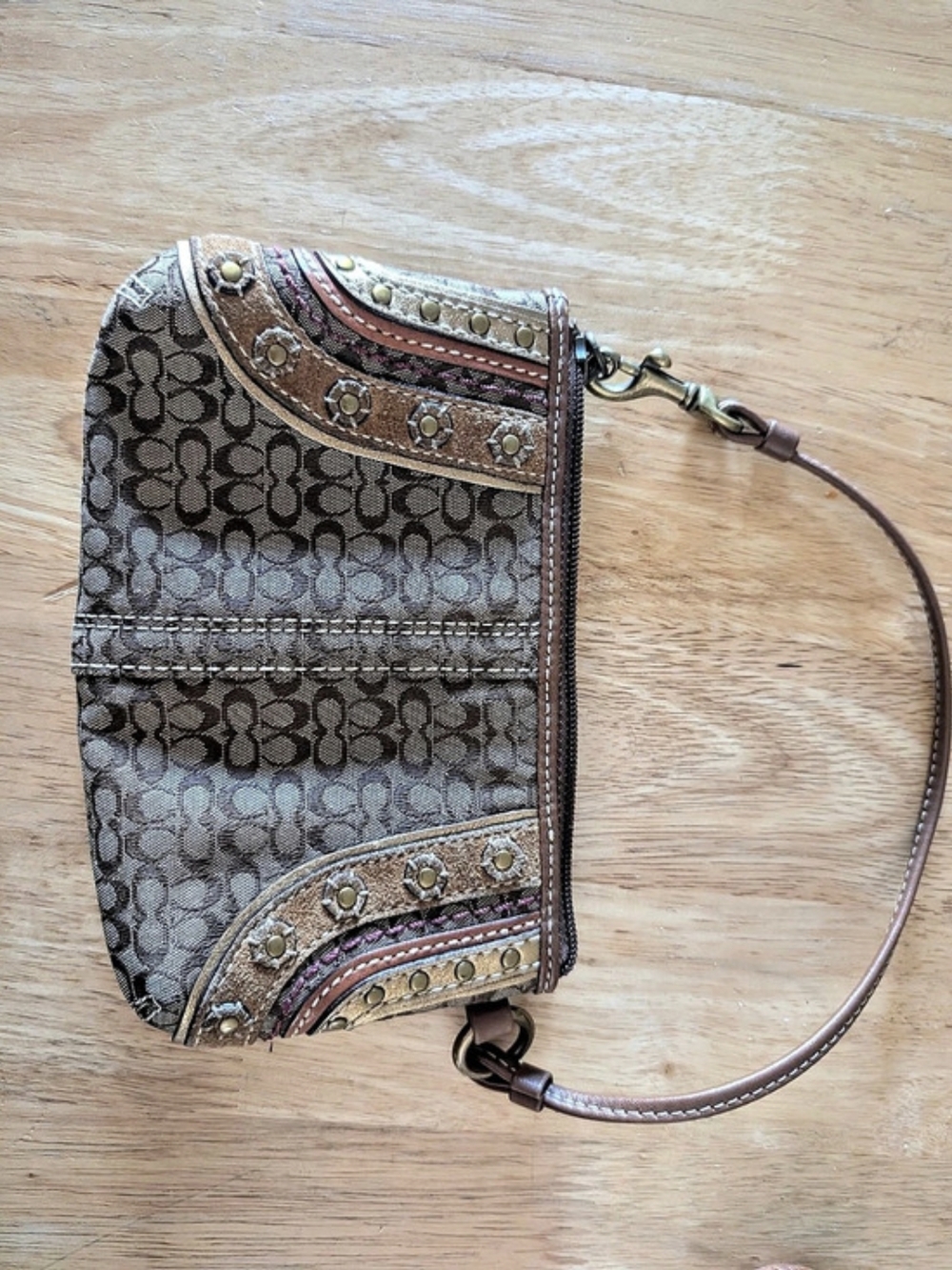 Coach Signature Stripe Studded Wristlet Brown